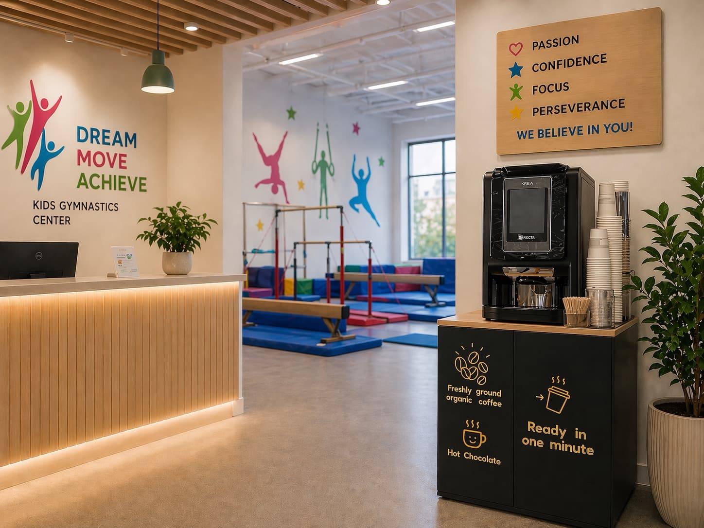 Greenstar Coffee kiosk at kids gymnastics center